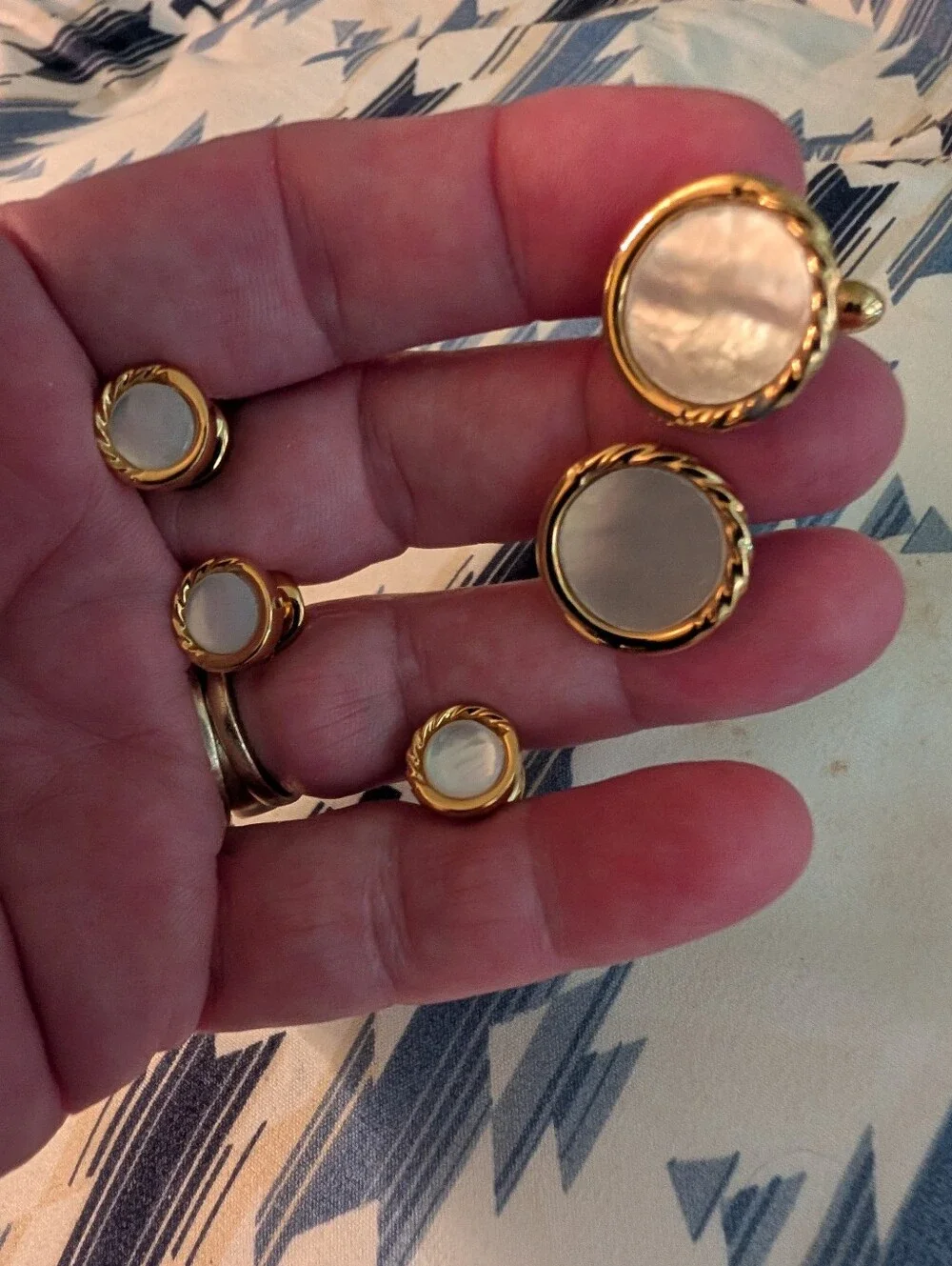 Vintage Gold-Tone Mother of Pearl Cufflinks And Tuxedo Button Set